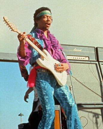 Jimi Hendrix and his stage stack of Marshall amps