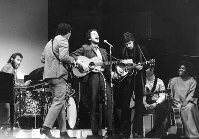 Levon Helm (far left) with Bob Dylan and The Band, Carnegie Hall 1968 (Washington Post / AP Photo)