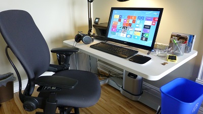 Height adjustable AirTouch workstation with close Acer T231H monitor and Logitech TouchPad (photo Stephen Pate)