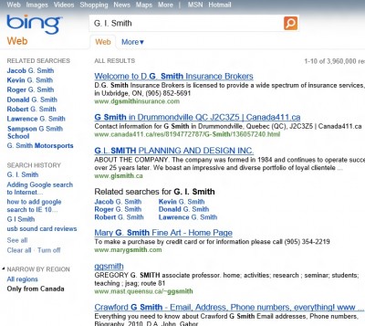 Bing search for former Nova Scotia Premier G.I. Smith draws a blank