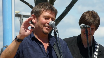 Lennie Gallant performing at the Halifax Tall Ships 2012, with his nephew Mitchell Gallant on bass (photo Stephen Pate)