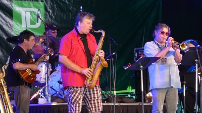 Riot Squad at the TD Halifax Jazz Festival Free Concerts (Jamie Gatti – bass; Geordie Haley – guitar; Dave Burton – drums; Chris Mitchell – saxophone; Rick Waychesko – trumpet) (photo Stephen Pate)