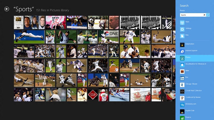 Windows 8 Metro Charms bar Search for “sports” pictures – screenshots by Stephen Pate/NJN