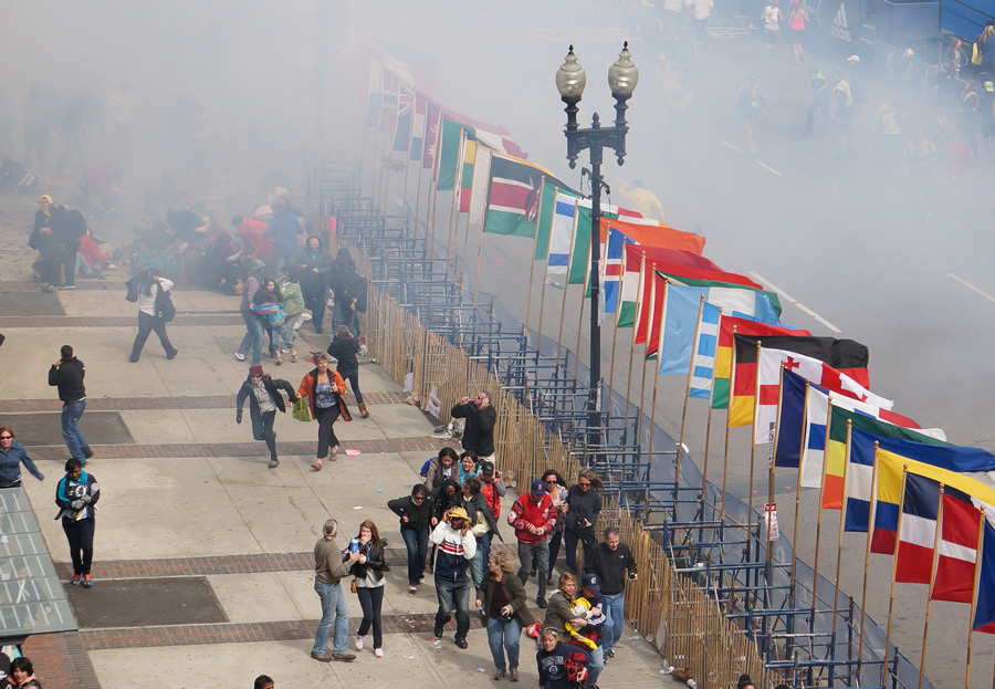 Crowd at the Boston Marathon finish line seconds after the blast (photo Aaron Tang, Creative Commons license some rights restricted)