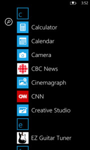 Windows Phone 8 app listing – the alphabetic listing is automatic and dynamic